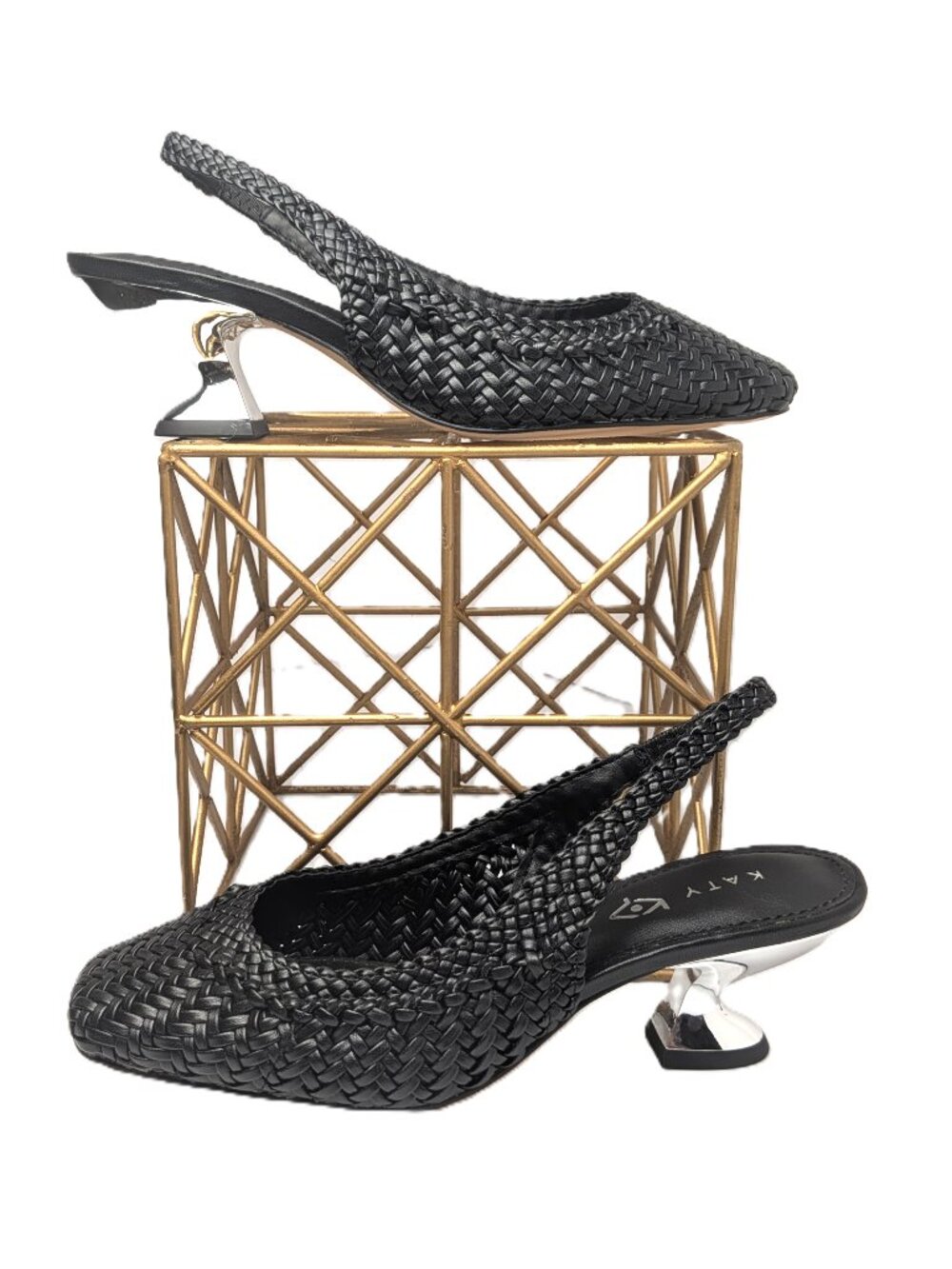 Katy Perry Laterr Woven Bling Black Slingback Silver Mirror Heel 5.5 NWOB